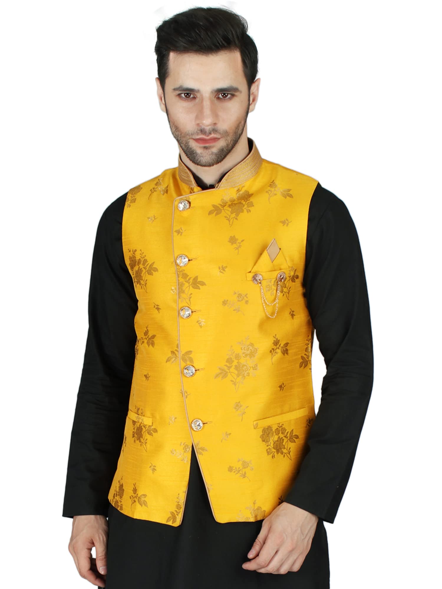 exotic india Old-Gold Brocaded Assymetric Modi Jacket Waist Coat With Crystal Buttons-picture-15