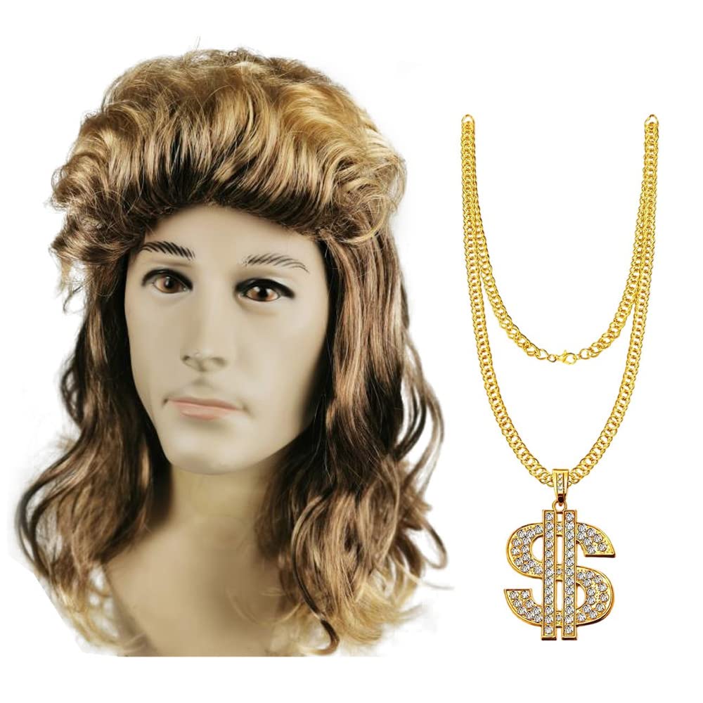 LbsAMP Mullet Wig for Men 80s Curly Wig Brown Artificial Hair with Dollar Sign Necklace Accessory for 80s Them Party Rock Star Cosplay Fancy Dress Wig Carnival
