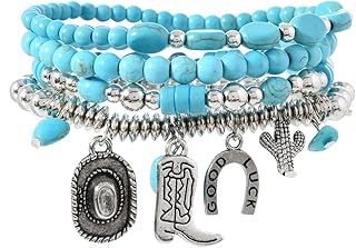 Rrdaily Boho Layered Turquoise Beads Bracelets Set for Women Stackable Paperclip Herringbone Chain Bangles