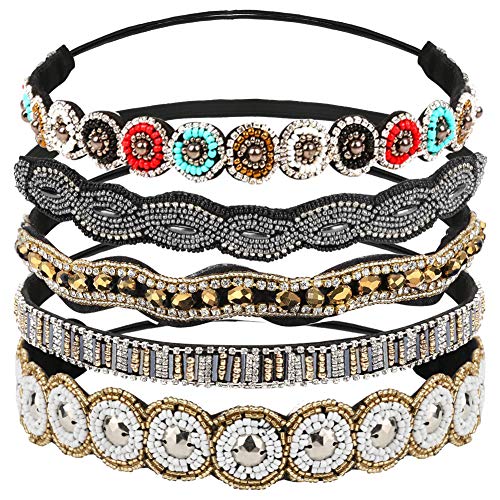 BestFire 5Pcs Rhinestone Headbands for Women, Fashionable Handmade Diamond Elastic Headbands, Crystal Beaded Elastic Hairband for Girls Lady Vintage Jewelry Hair Accessories 20-26.8" (Multicolor)