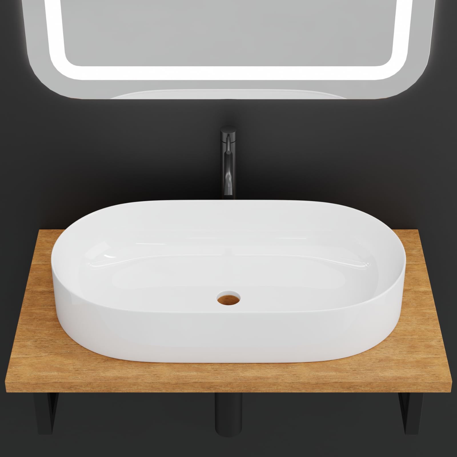 HAGO 24 | Lavabo in ceramica | Ovale 60 x 38 cm | Bianco | Bordo sottile | Lavabo da appoggio | Antigraffio | Superficie liscia | Attacco standard