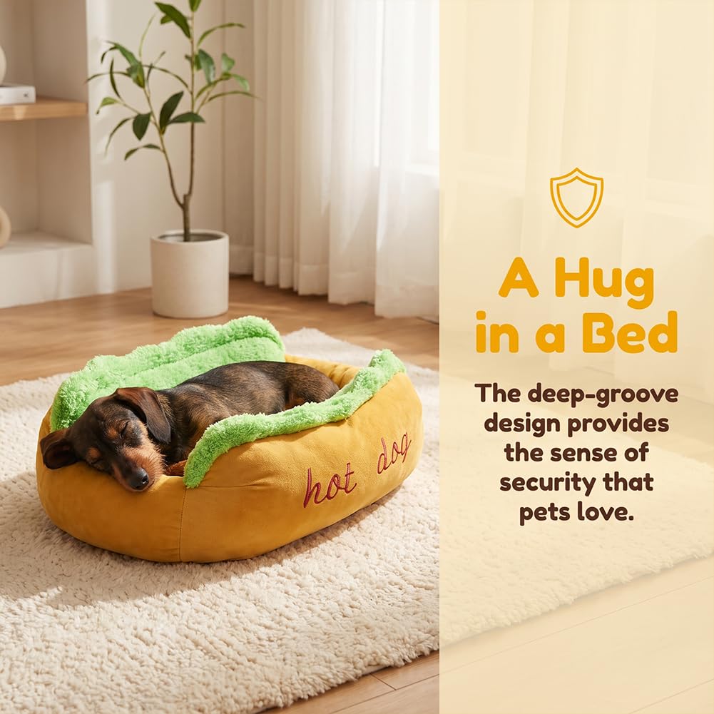 Hot Dog Hundebett, Hot Dog Bett für Dackel, lustiges Hot Dog Neuheit Haustierbett mit abnehmbarem waschbarem Bezug & rutschfester Unterseite, weiches Plüsch-Hotdog-Dutt-Hundebett für Dackel und kleine