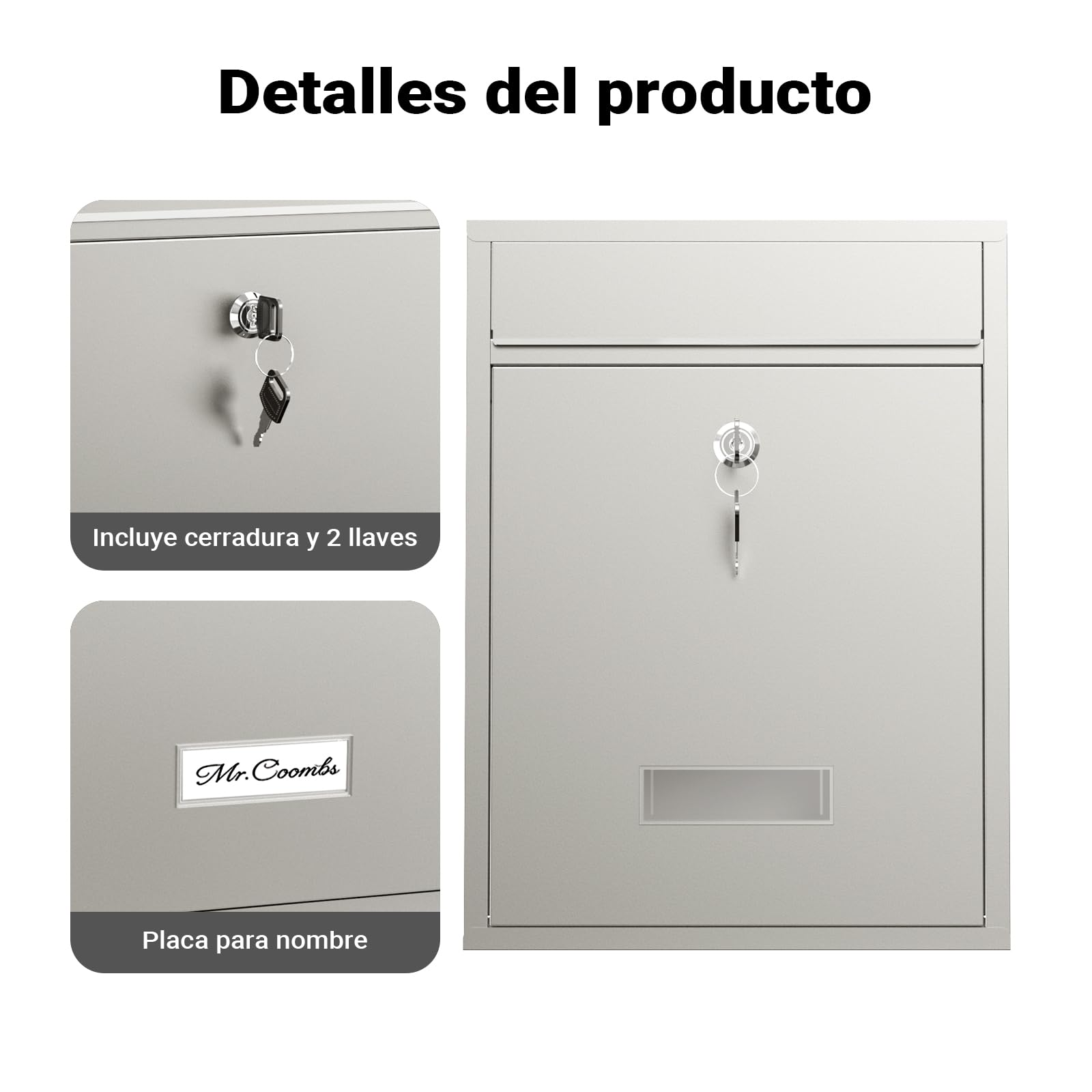 Wiltec Buzón de Pared Acero Inoxidable V10 con Placa de identificación, Amplia Ranura para Cartas y 2 Llaves buzón de Acero con Recubrimiento en Polvo para Montaje en Pared
