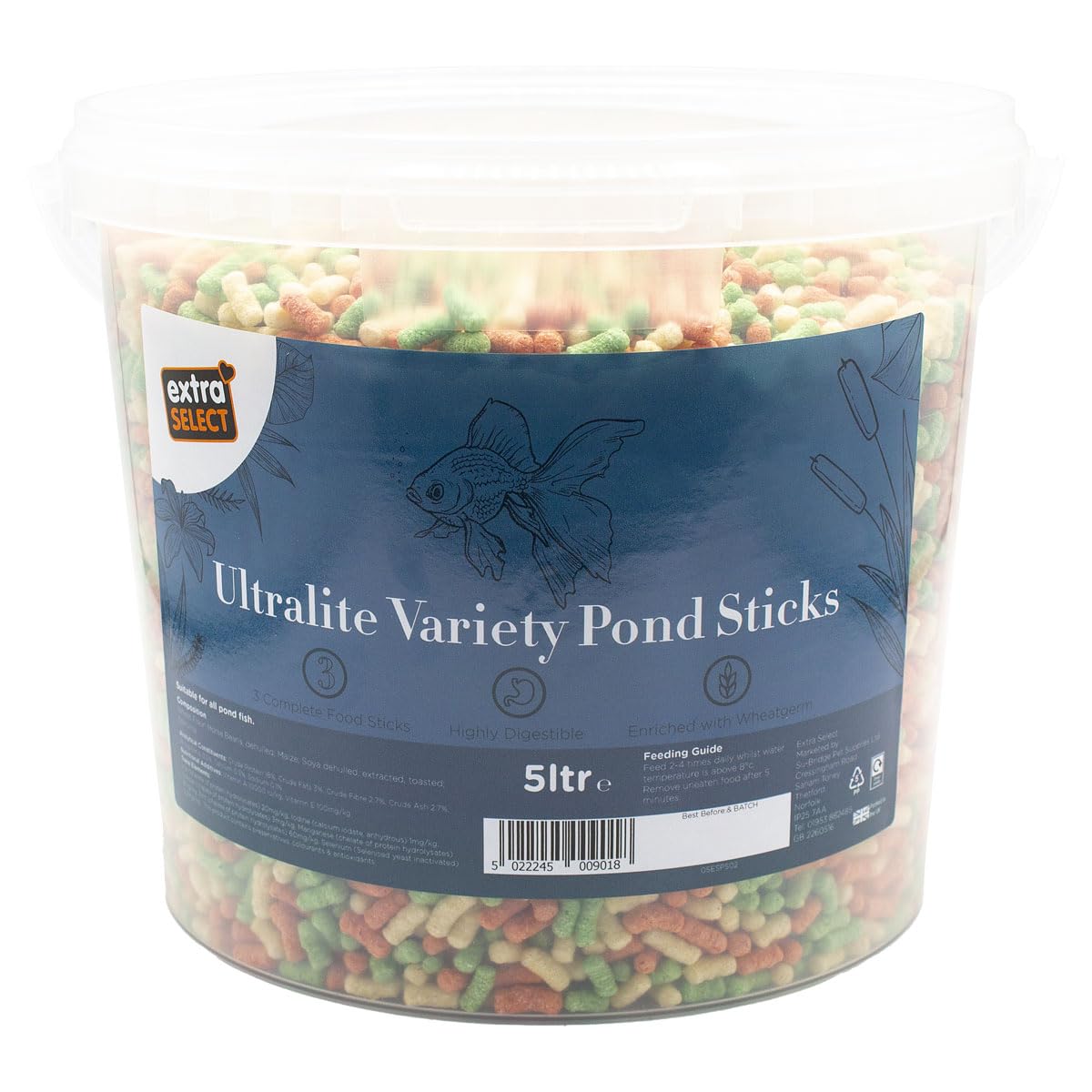 Extra Select Premium Ultralite Variety Pond Fish Food Sticks - Variety Goldfish & Koi Fish Food Pond Sticks for Outdoor Fish Pond & Aquarium - 5 Litre Resealable Bucket