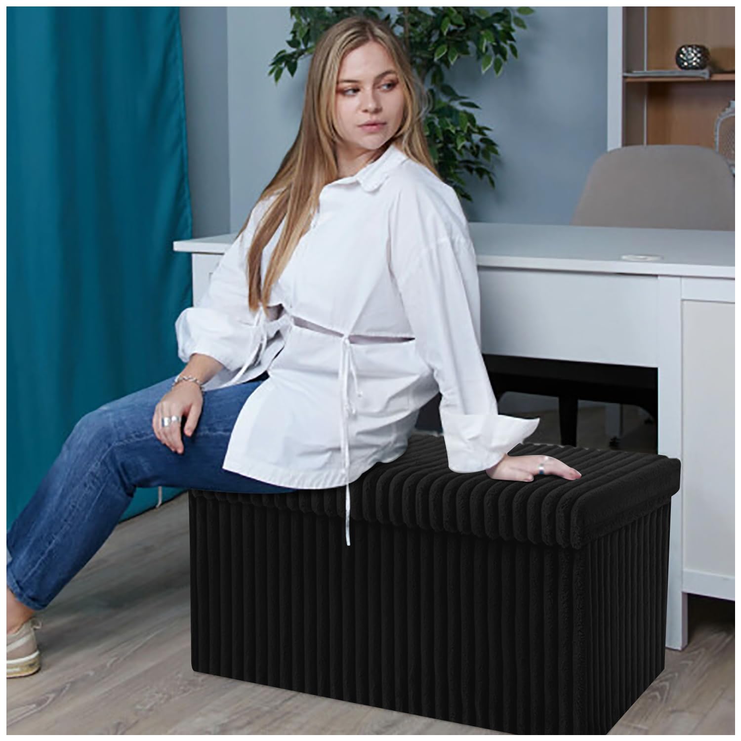 GC GAVENO CAVAILIA Large Storage Box with Lid | Ottoman Decorative Storage Footstool | Rectangle Box for Bedroom, Hallway | Toys and Clothes Blanket Storage Bench (76x35x35 cm) - Black