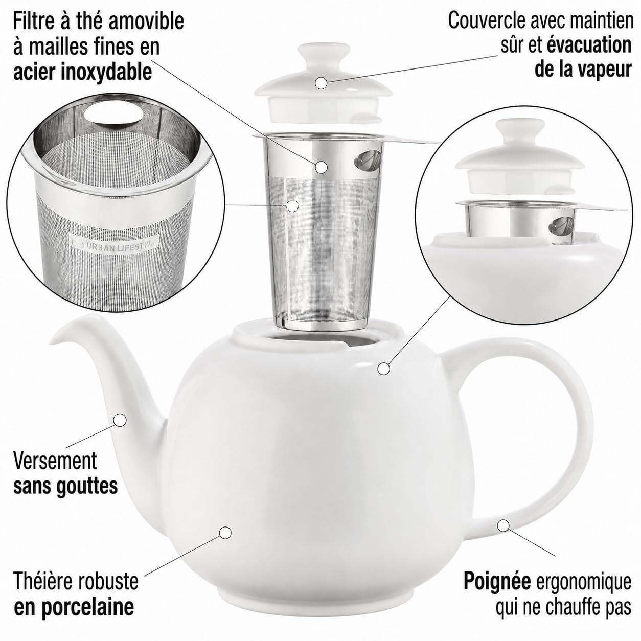 Urban Lifestyle Théière avec Filtre 1,1 Litre Théière en Fine Porcelaine de Haute Qualité avec Infuseur en Acier Inoxydable 800 ml Capacité Utile Anti Goutte Couvercle Stabilisé Blanche SWANSEA