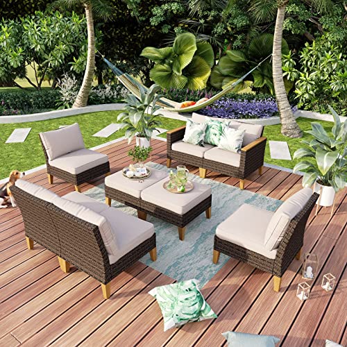 MFSTUDIO-8-Piece-Wicker-Patio-Furniture-Set-4-x-Armless-Sofa-2-x-Ottoman-2-Seat-Lover-Sofa-All-Weather-Outdoor-PE-Rattan-Patio-Conversation-Set-Sectional-Sofa-for-Garden-BackyardBeige-Cushions