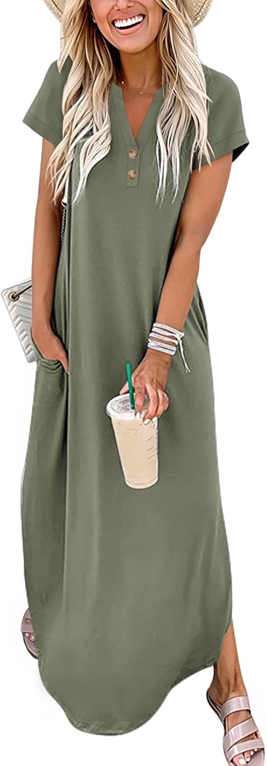 ANRABESS Women Summer Maxi Dress Casual Short Sleeve V Neck Button Up Loose Split Travel Dresses 2026 Beach Vacation Sundress