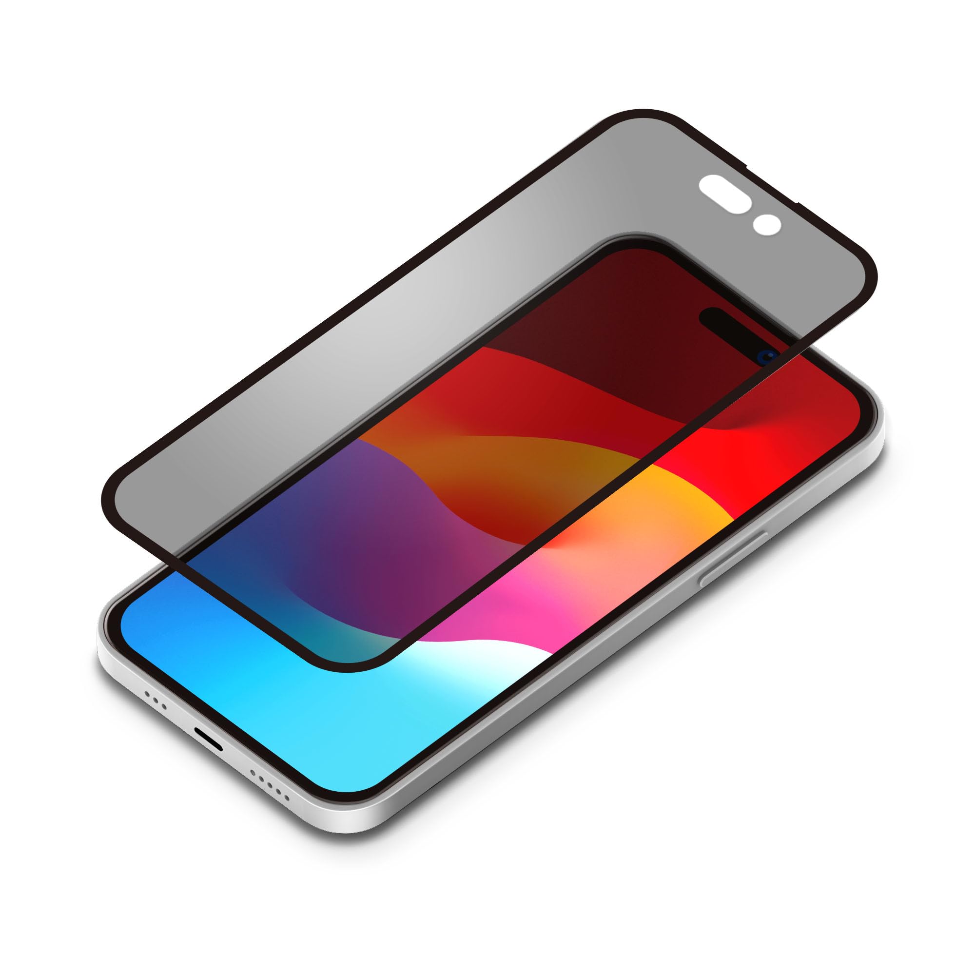 iPhone15Plus ガイドフレーム付 液晶全面保護ガラス 角割れ防止PETフレーム [覗き見防止]