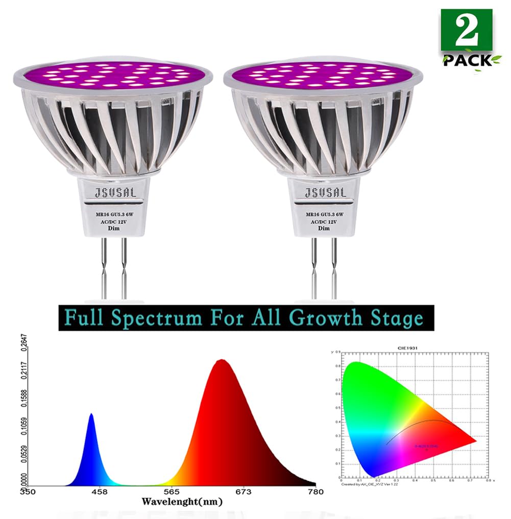Lot de 2 ampoules de croissance de plantes 6 W, lampe de croissance à spectre complet, MR16 GU5.3 AC/DC 12 V Violet Reign Ampoule LED de croissance pour plantes