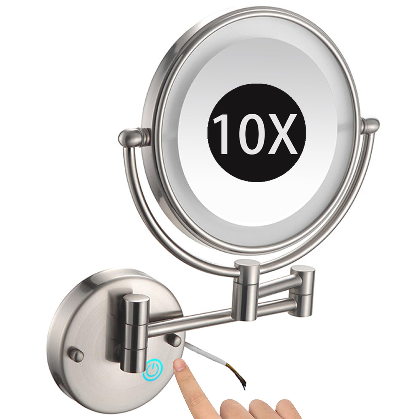 SXFSDOU 8" Wall Mounted Lighted Makeup Mirror, Hardwired Dimmable Double Sided Magnifying Extendable LED Bathroom Vanity Mirror with Lights,Brushed nickel,10X