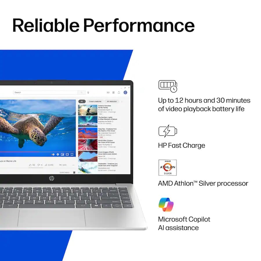Image of HP 14 inch Laptop for Business & Students, 256GB SSD, Microsoft Office 365 Included, Windows 11, Copilot Key, AMD Athlon Silver 7120U, Natural Silver