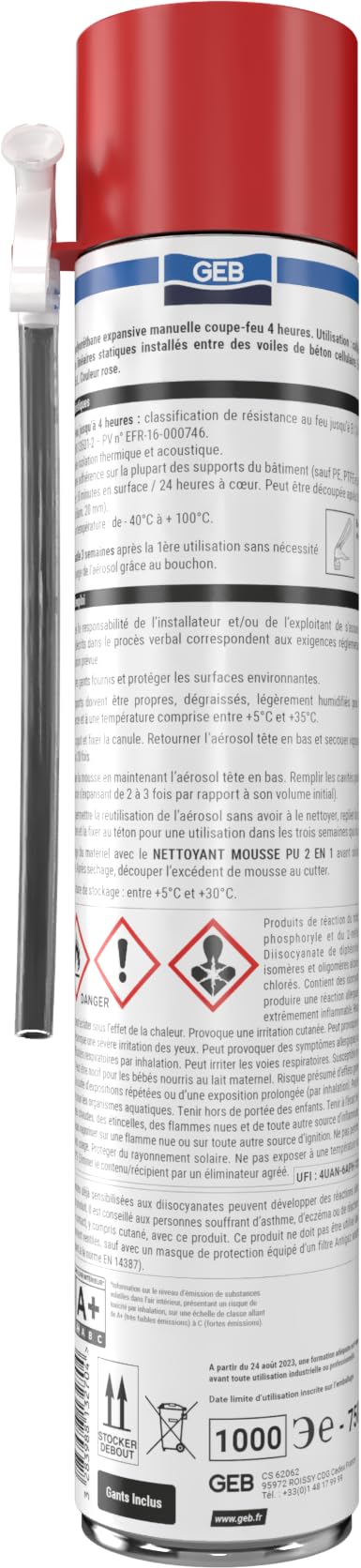GEBSOMOUSSE COUPE-FEU, Résistance au feu jusqu’à 4 heures, Tenue en température de - 400°C à + 100°C s'expant de 2 à 3 fois par rapport a son volume initiale, aérosol manuel, 750 ml