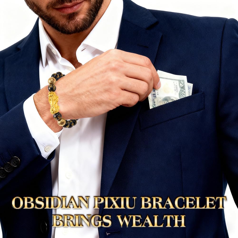 Feng Shui Bracelet, Gilded Pixiu with Black Obsidian, Adjustable Good Luck Bracelet, Wealth and Luck Aura Stone for Positive Energy & Abundance, Includes Gift Box & Card - 12mm