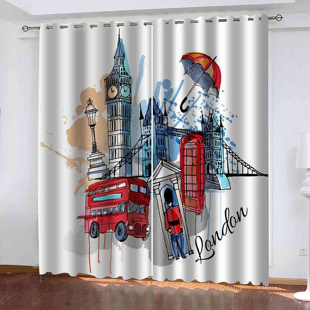 Rideaux salon d'enfants thermique isolant motif bâtiments aquarelle