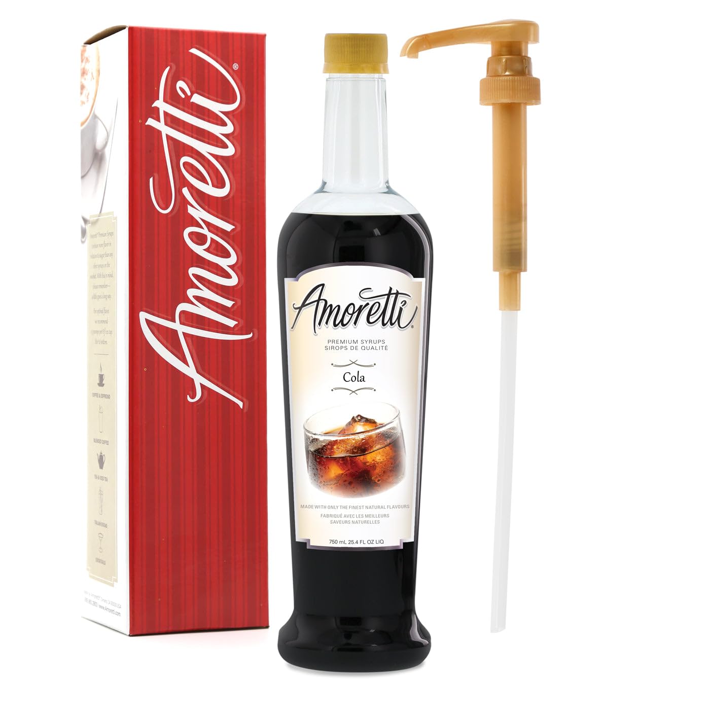 AmorettiPremium Cola Syrup, 94 Servings Per Bottle (750 ml), with Pump for Flavoring Coffees, Cocktails, and other Beverages, Gluten Free, GMO/GEO Free, Preservative Free