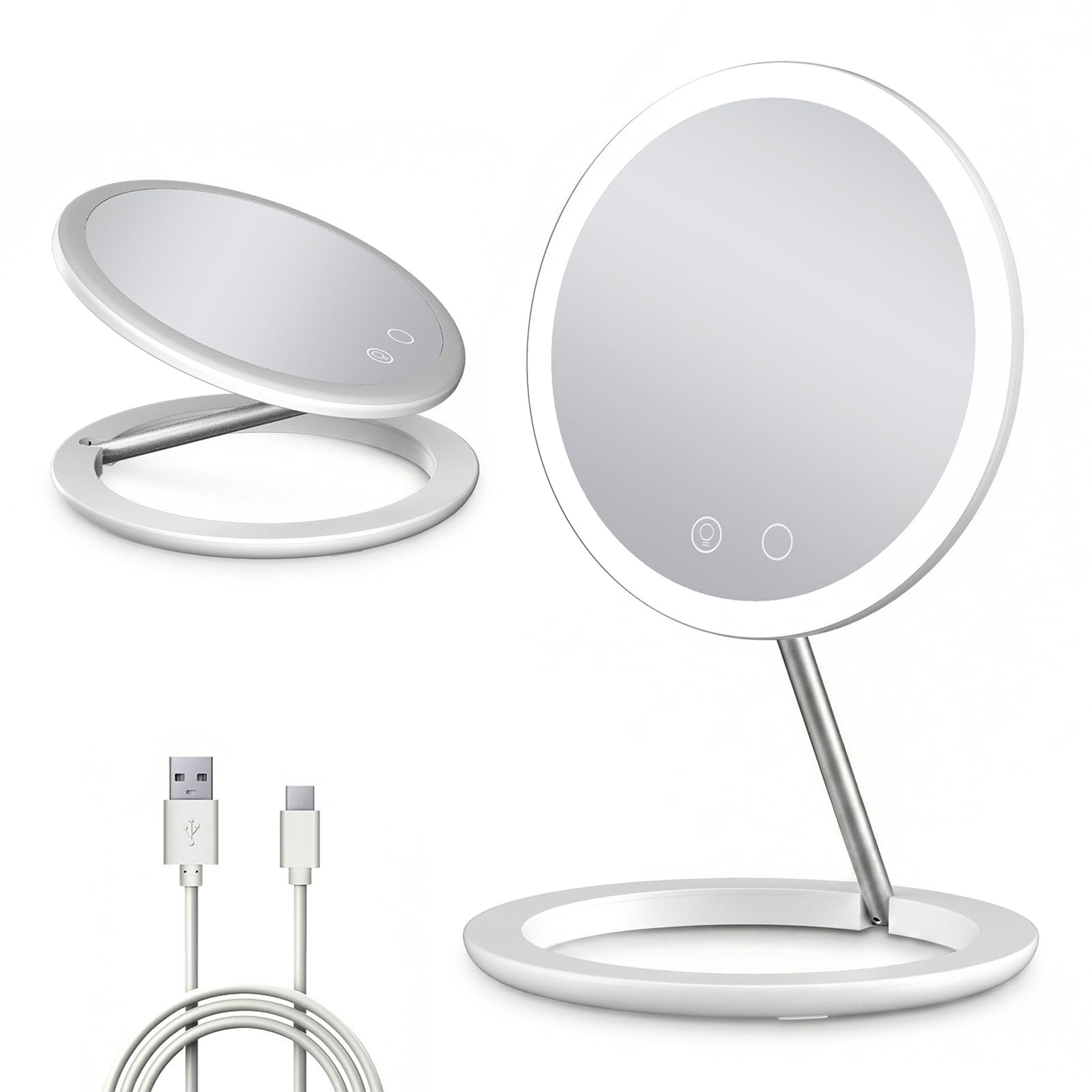 Specchio da viaggio ricaricabile con luce LED, specchio da viaggio con illuminazione a 3 colori. Specchio portatile dimmerabile e leggero, essenziale da viaggio di bellezza