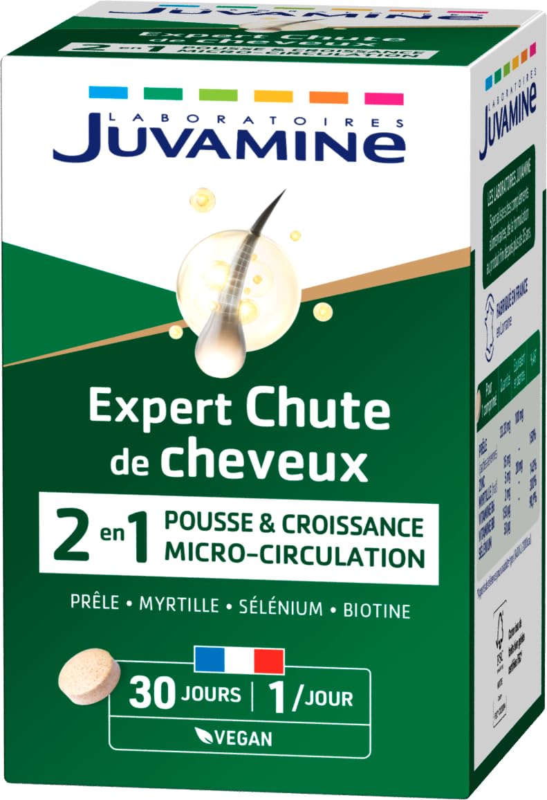 JUVAMINE - Chute de Cheveux : Pousse + Croissance - 6 Actifs Beauté dont Zinc et Biotine - Favorise la Croissance et la Résistance des Cheveux - Programme de 1 mois - 30 Comprimés - Fabriqué en France