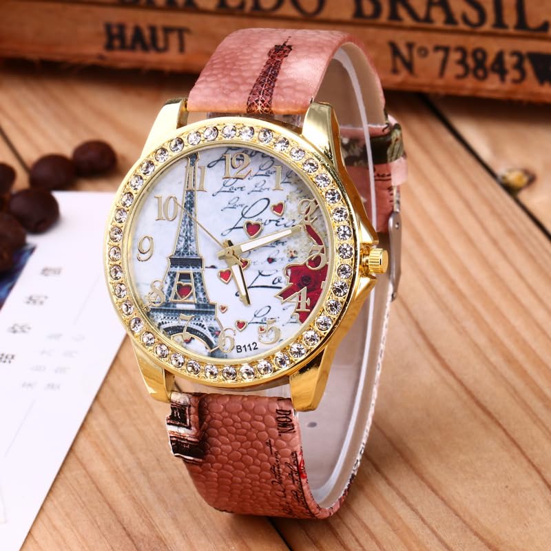 Reloj al por mayor de la correa de cuero de la PU 6 Pack Regalo del Día de la Madre Bling Rhinestone Acentuado Torre Eiffel Señoras Relojes de las mujeres, Movimiento de cuarzo 6