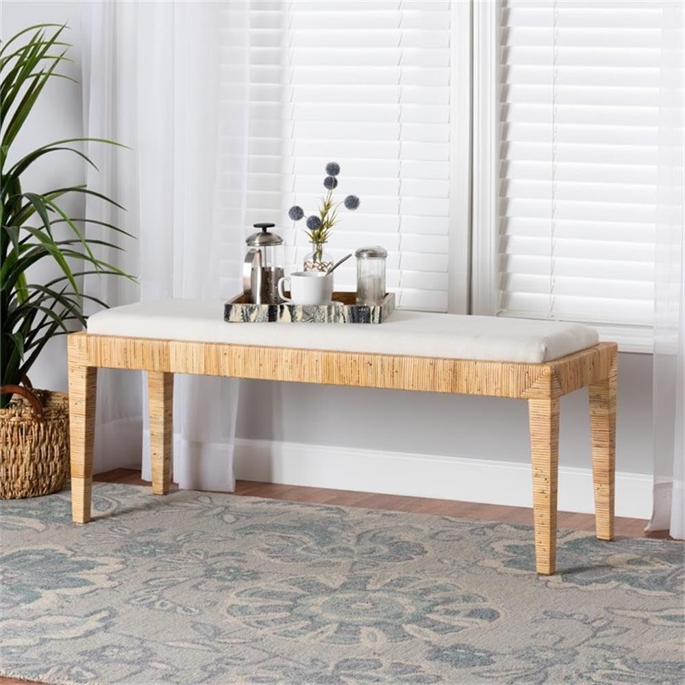 Pemberly Row Modern Mahogany Wood Bench, Natural Brown Rattan Finish, Padded Rectangular Seat, Tapered Legs, Bohemian Style Living Room Bench, 48 in Wide Fully Assembled Design