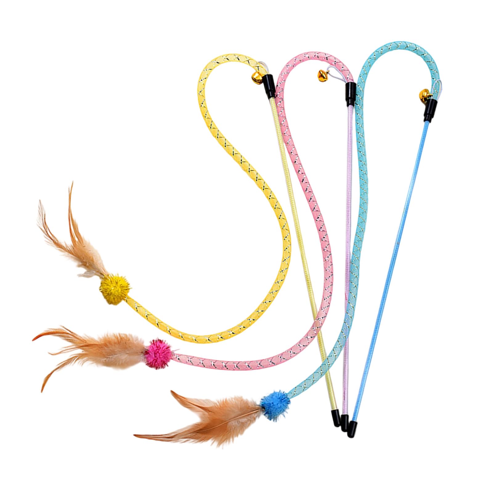 Tsophreniq 3Pieces Soft Feathered Interactive Cats Wand Toy Set Flexible Net Tube Designs Enhances Agilities and Mental Focusing Feathered Teaser Toy