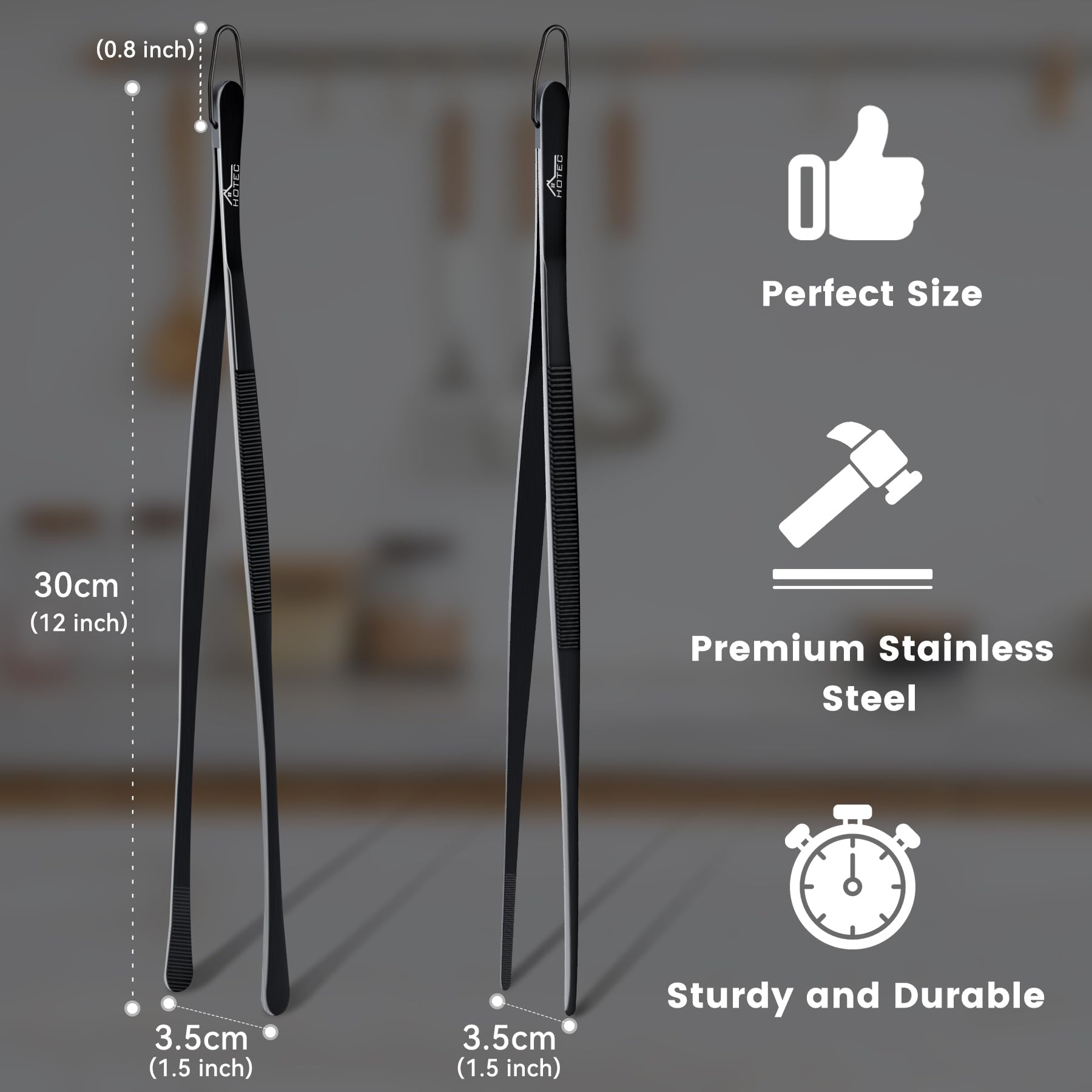 Hotec Stainless Steel Tongs Long 30.5 cm Kitchen Cooking Can be Used as Professional Tongs Tweezers for Cooking Black-Set of 2 - Image 2