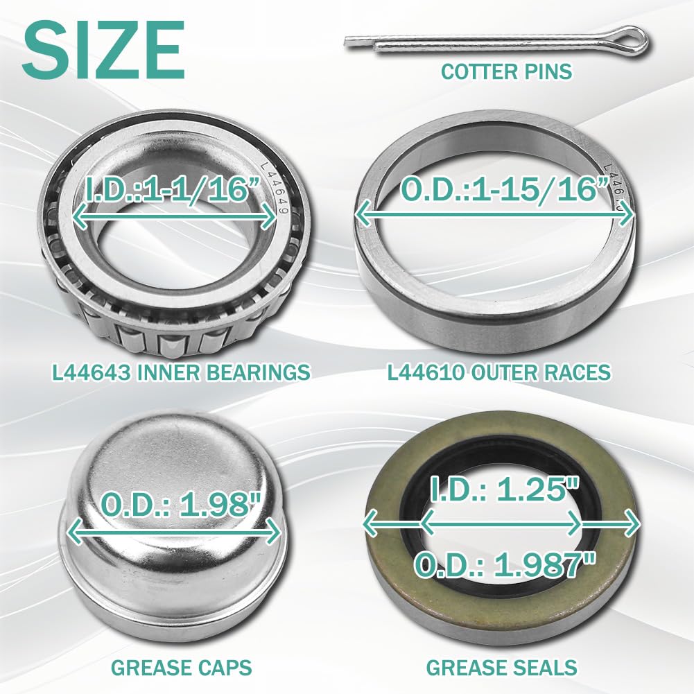 RigsNParts L44649/L44610 Trailer Bearing Kits For 2000lbs Trailer Axle, Trailer Axle Bearing Kits with 1.98” Grease Cap, Grease Seals, Cotter Pins, Rotating Quiet and High-speed Trailer Bearing,4 Sets