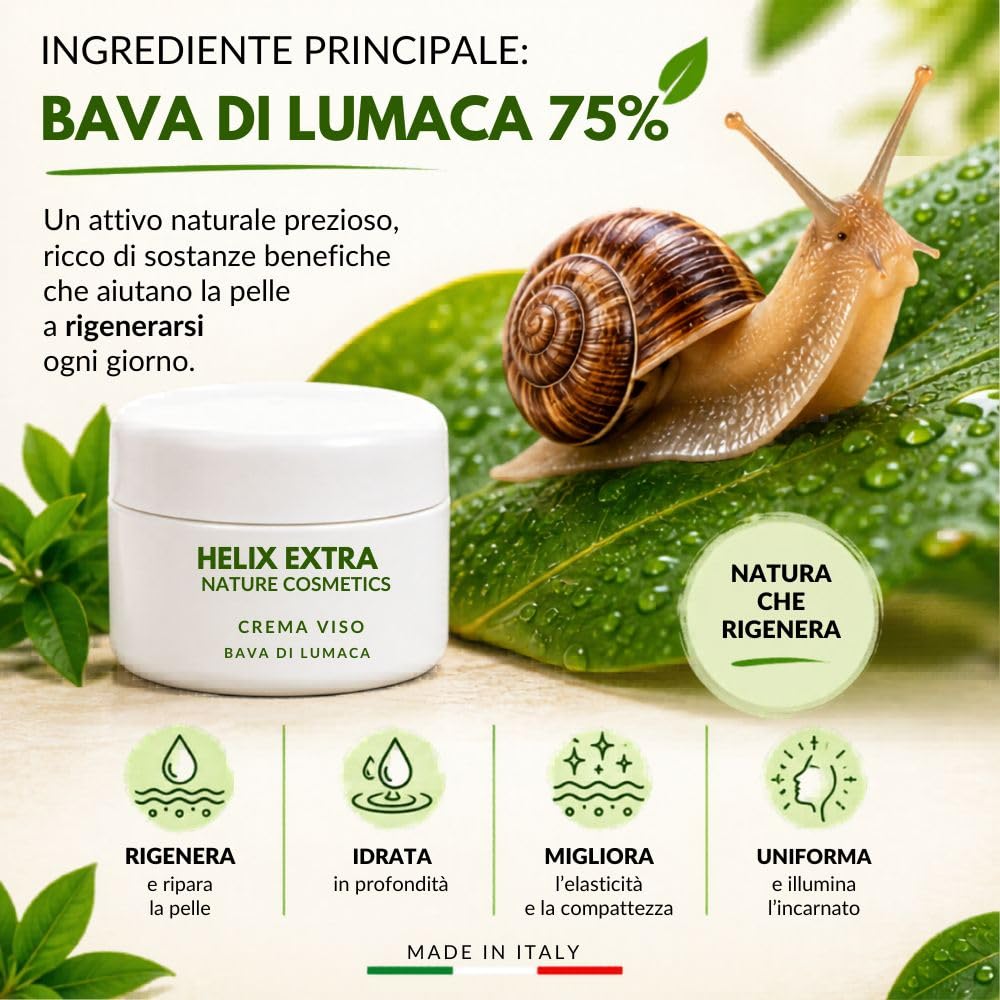 Helix Extra Crema Viso Bava di Lumaca 75% – Antirughe, Antimacchie – Idratante per Pelle Normale, Secca e Matura – Made in Italy 50ml – Confezione Doppia 2 x 50ml