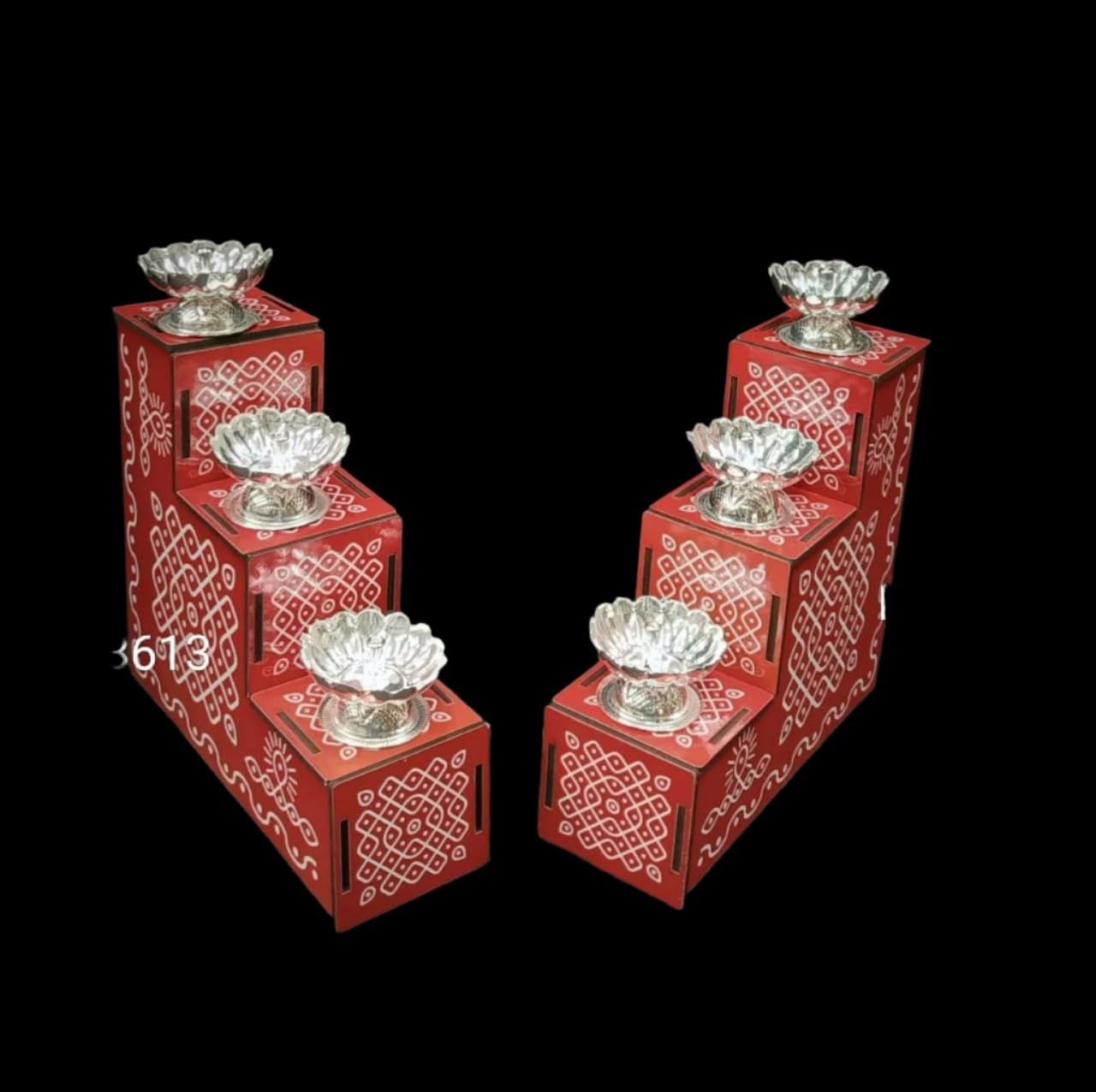 German Silver Set of 6 Diya with Hand Painted MDF Detachable Steps/Stairs for Housewarming/Diwali/Gift Item, red