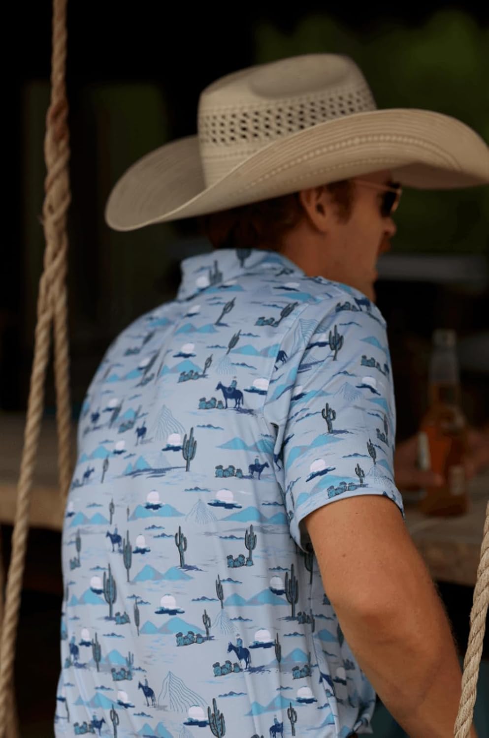 Lazy J Ranch Wear Men's Cactus Print Performance Polo Shirt - Blue - Pearl Snap Buttons - Golf Shirts for Men