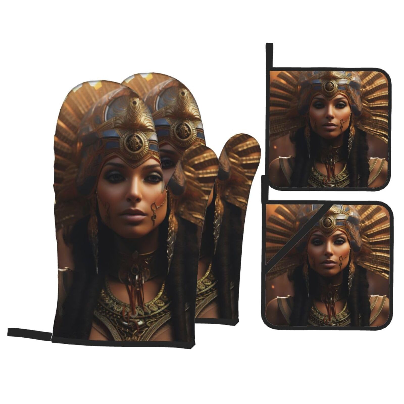 Ancient Egypt Tribe Series Print 4-Piece Oven Microwaving Set Waterproof Kitchen Gloves for Baking Grilling Cooking