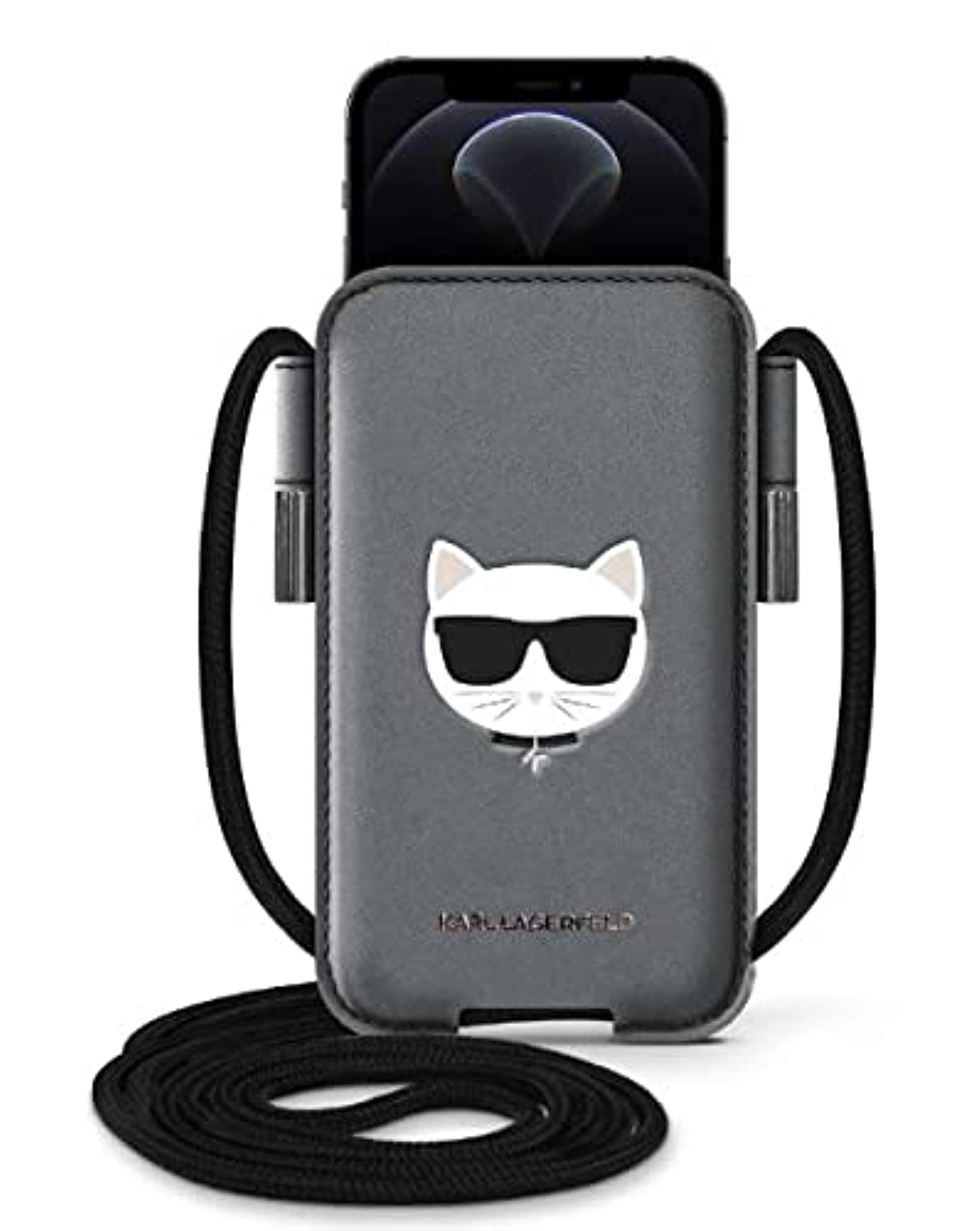 CG MOBILECG MOBILE Karl Lagerfeld PU Saffiano Crossbody Pouch with Choupette`s Head | Anti-Fall Necklace | Adjustable Neck Cord Lanyard Strap | Durable Phone Storage Bag Officially Licensed (Medium, Silver)
