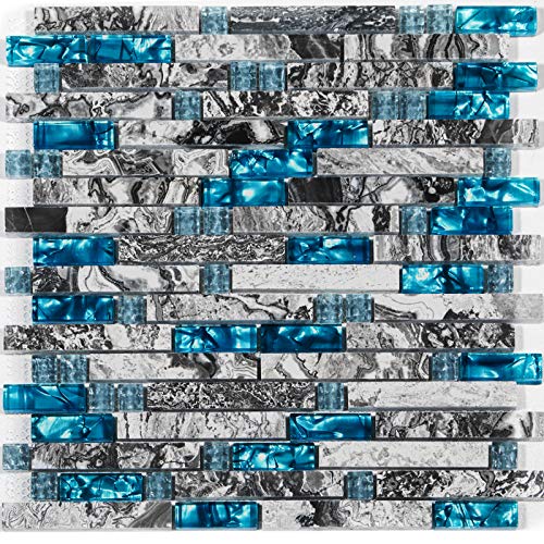 Happybuy Mosaic Glass Tiles 6pcs Glass Backsplash Tiles Teal Blue Marble Wall Tiles 12x12 Inch Glass Mosaic Tile Backsplash, 8mm Glass Tiles for Backsplash, Beach Style Glass Tile for Kitchen Bathroom