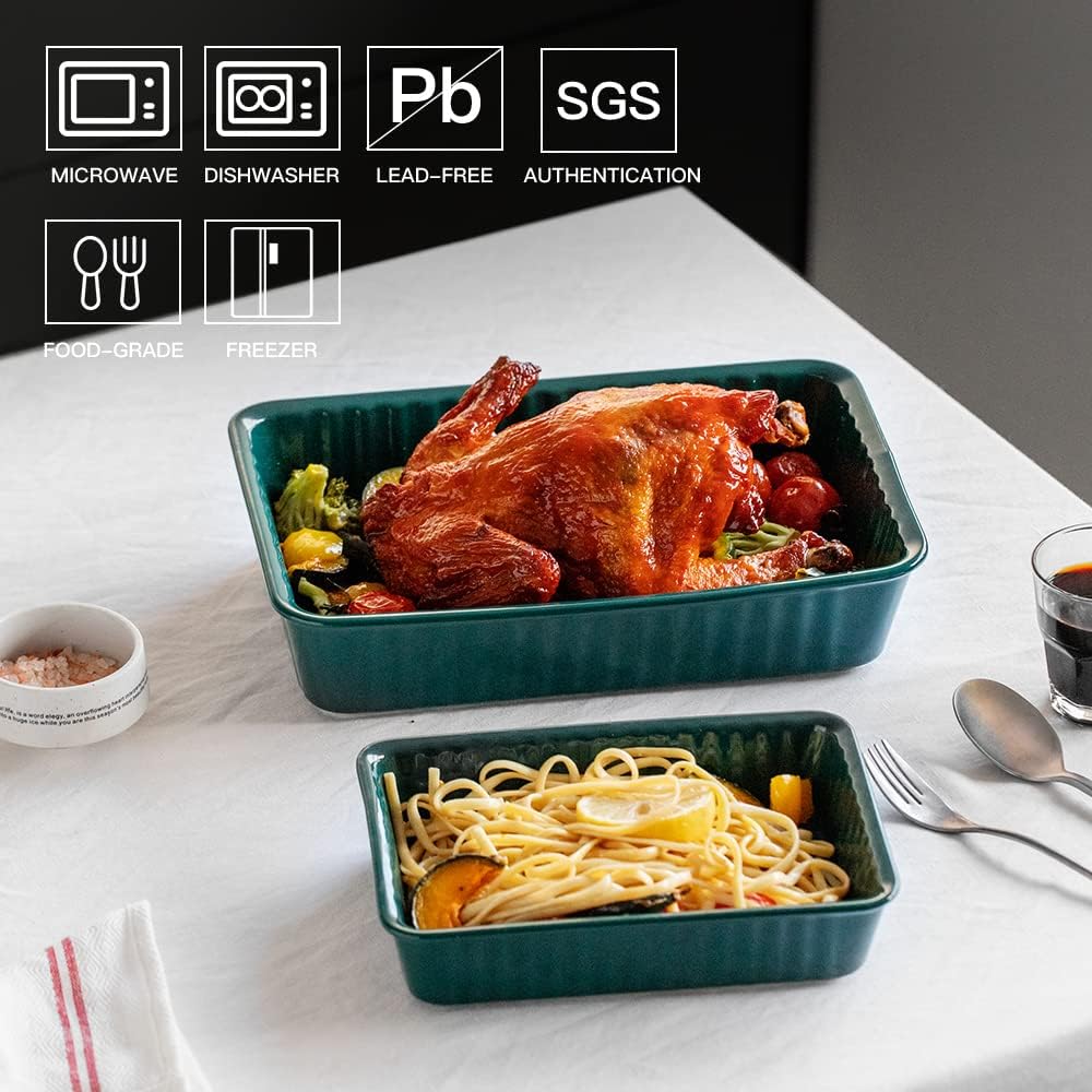 2-Piece Ceramic Baking Dish Set, Rectangular Lasagna Pans (12x8 inch & 8.95x6 inch) - Oven, Microwave, Dishwasher Safe Casserole Dishes for Cooking, Serving, and Storage (Emerald)
