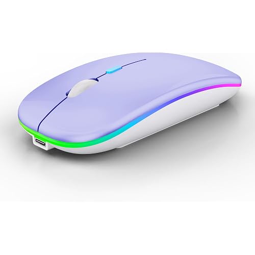 WREANU Wireless Bluetooth Mouse Rechargeable Laptop Mice with LED Lights Silent Slim Use(BT5.2 and 2.4G Portable USB Receiver)Dual Mode Computer Mouse for Laptop/iPad/Tablet/Apple/Computer/Mac(Purple)