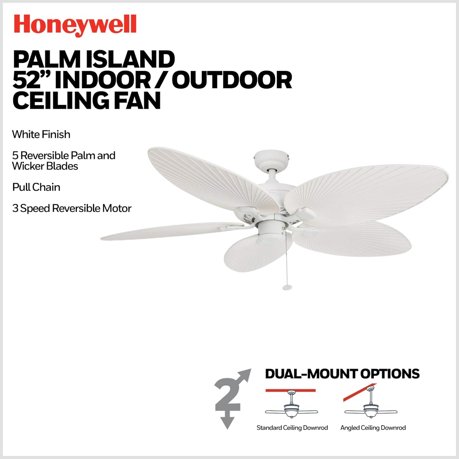 Honeywell Ceiling Fans Palm Island Tropical 52 Inch Ceiling Fan, Outdoor Ceiling Fan with Pull Chain, Dual Mount 5 Palm Leaf Blade Design, ETL Wet Rated, White (50200-01)