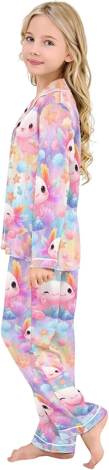 Kids Casual Satin Wear Set Salamander Coral Pattern Unisex Relaxed Fit Clothing