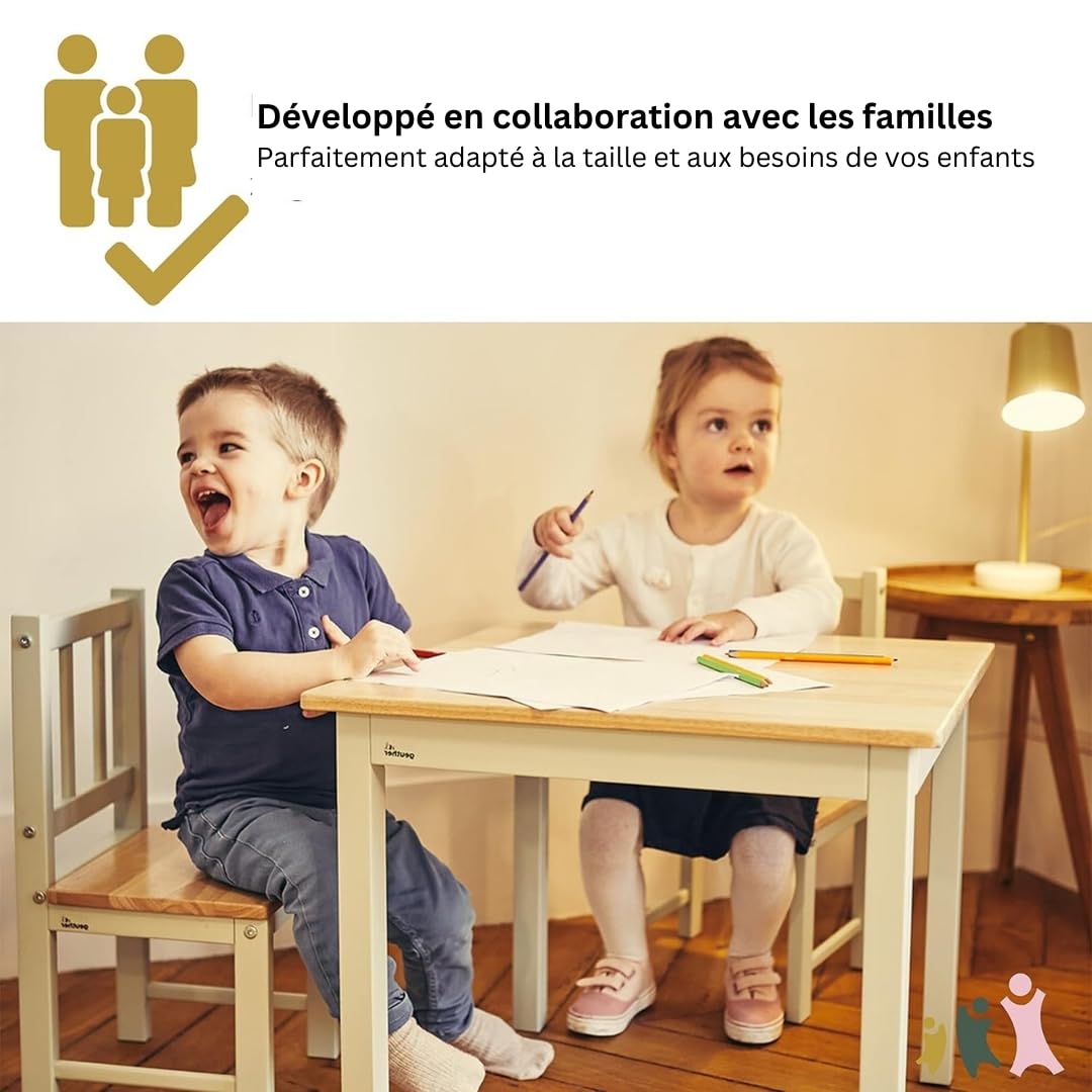 Geuther Ensemble Table et 2 Chaises pour Enfant – Bois de Haute Qualité – Design Ergonomique et Durable – Idéal pour Peinture, Jeux et Repas