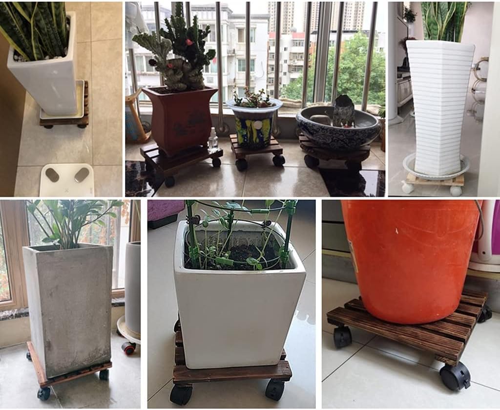 Plant Trolley Plant Pot Trolley,( 12" 14" Planter Trolley, Flower Pot Stand Movable Plant Dolly Flower Pot Tray, Wooden Plant Caddy with 360° Lockable Caster Wheels, Flower Pot Saucer Tray (