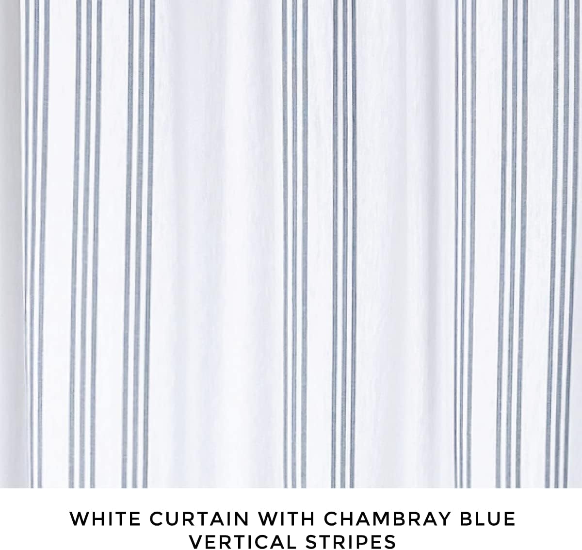 HALL & PERRY Modern Transitional Chambray Blue Striped Shower Curtain with Tassels - Vertical White and Chambray Blue Striped 100% Cotton, 72" x 72"