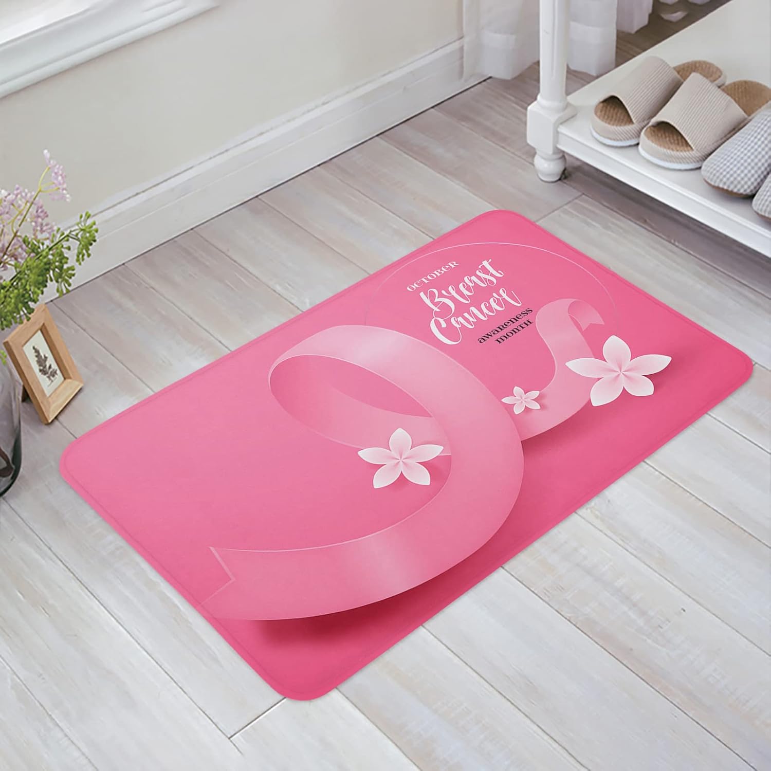 Pink Ribbon Flower Indoor Door Mat, Mat 1Pack Memory Foam Floor Mat Anti