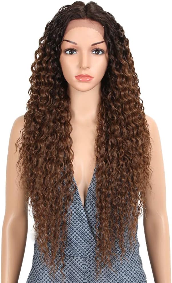 Joedir Lace Front Wigs Ombre Brown 28'' Long Small Curly Wavy Synthetic Wigs For Black Women 130% Density Wigs(TT6/30)