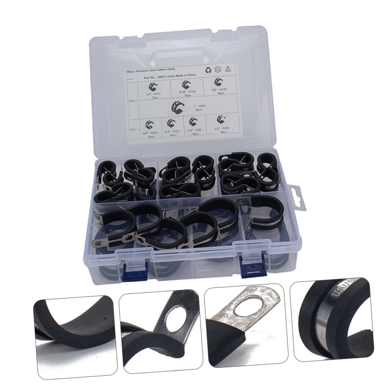 jojofuny 45pièces Kit De Colliers De Serrage r Acier Inoxydable Avec Doublure Caoutchouc Clips Pour Tuyaux Et Câbles Aux Vibrations Et Aux Environnements Extrêmes