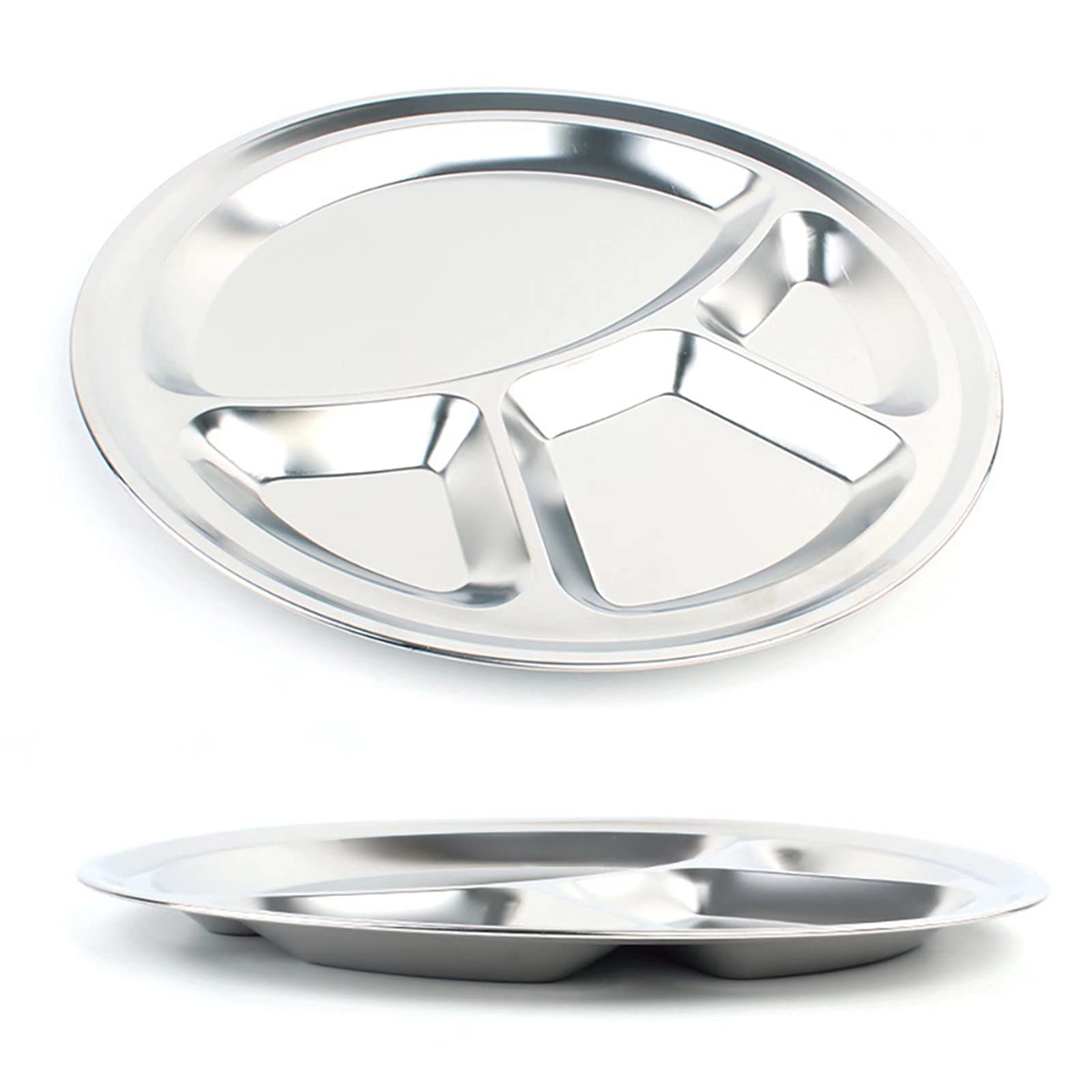 4 Sections Dinner Plate 32cm Stainless Steel Round Divided Plate for Hiking, Camping, Picnic 2 Pcs
