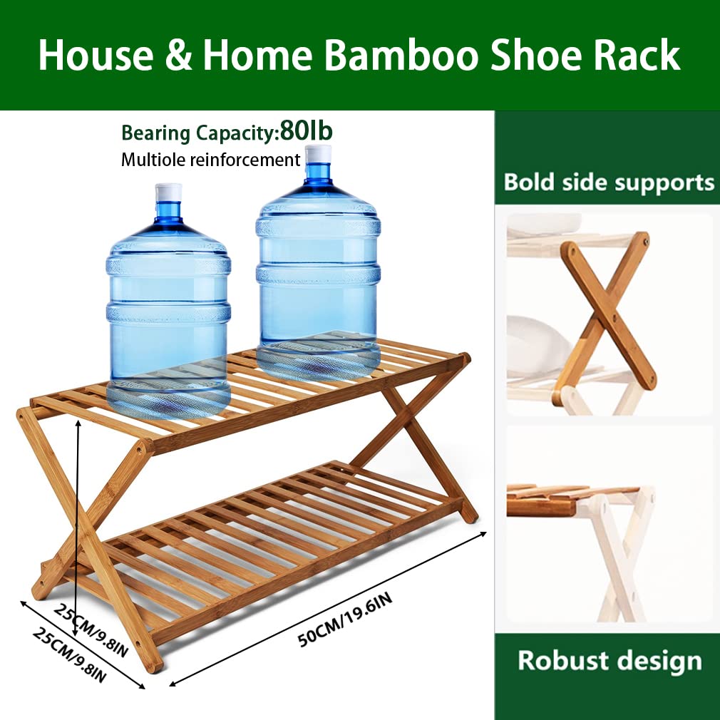 Bambus Schuhregal Klein, 2 Ebenen Faltbares Schuhregal Holz, Ohne Installation Mini Schuhregal Perfekt für Flur, Schlafzimmer und kleine Räume, Lager 80bl (Holz, 2 Ebenen)