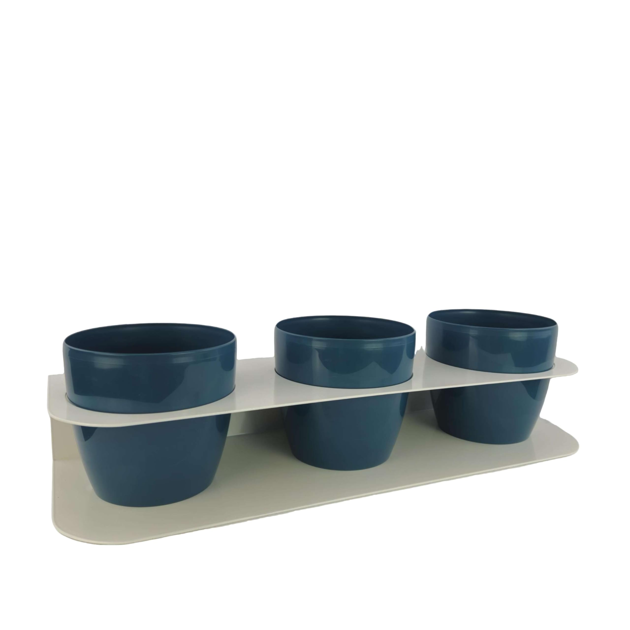 Tecnokit Porta Piante Aromatiche Metallo Design Moderno da Banco o Muro con 3 Vasi Tera Inclusi Ø16cm - Fioriera Interno Esterno Resistente UV 58x18x10cm (BIANCO/DENIM)