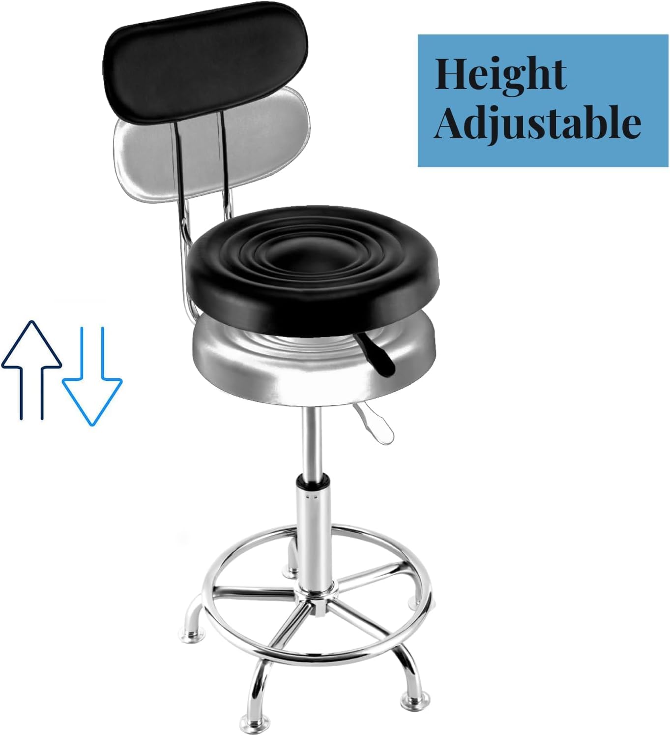 Hydraulic Shop Stool - Height Adjustable Swivel Round Tall Stool Chair with Back Suppor for Salon Tattoo Work Office Massage (Black)
