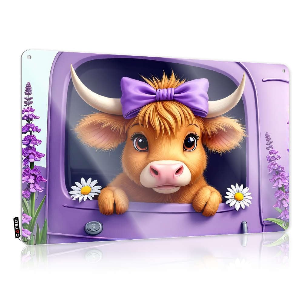 Tinplate Sign Home Decor For Lovers Emo Indoor Outdoor Metal | Feminist Hanging A Cute Cow With Purple Bow Is Peeking Out Of Window, Surrounded By Flowers. / Positive Mechanics(30X40CM)