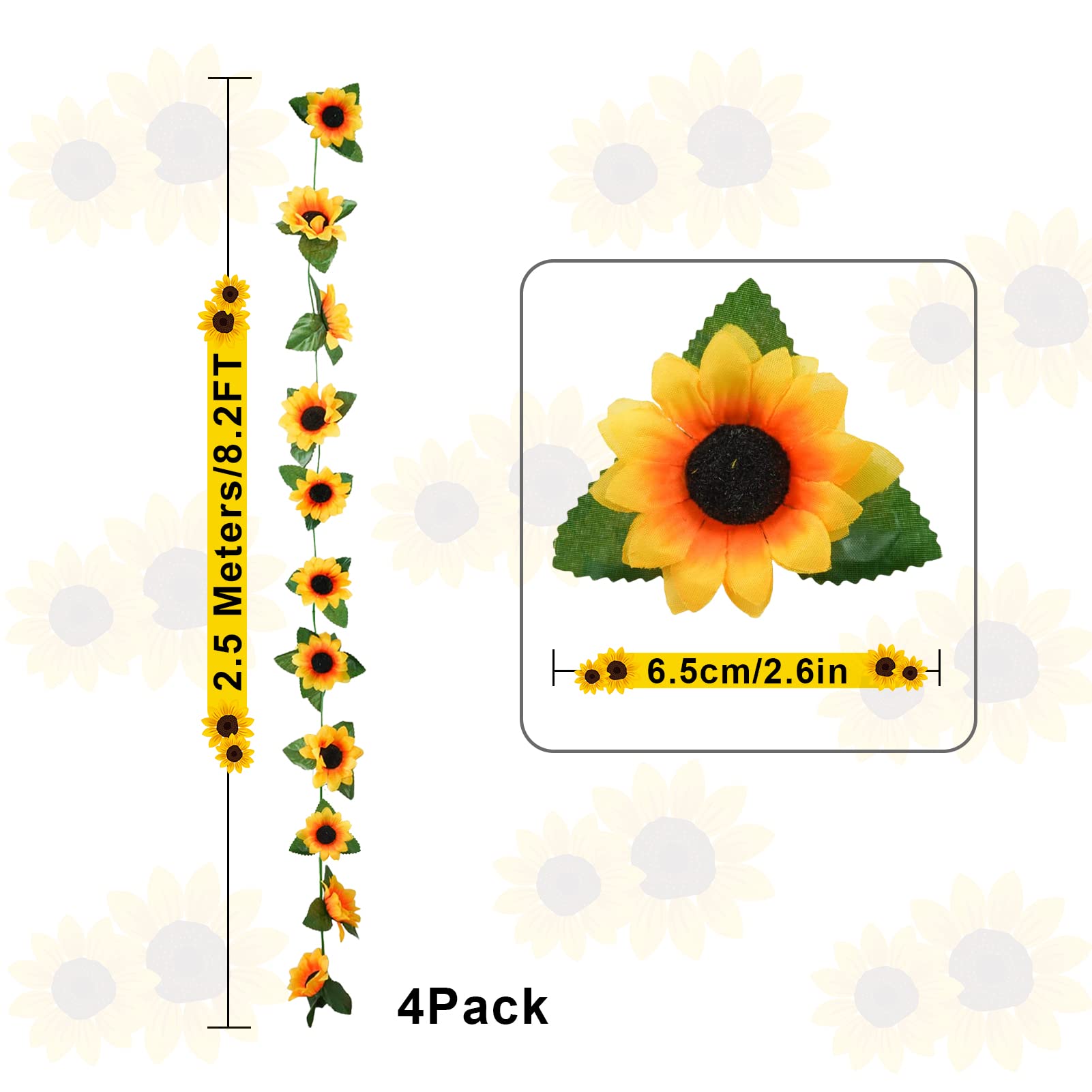 4 Stück künstliche Sonnenblumengirlande, hängende Seide, Sonnenblumen, Ranke mit grünen Blättern, hängende Blumengirlande für Zuhause, Hochzeit, Tischdekoration, Hintergrund