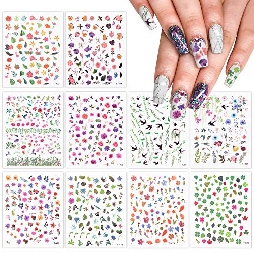EBANKU 10 Blatt Nagelsticker Selbstklebend, Flower Leaf und Birds 3D Nail Design Nagelaufkleber für Frauen,Gel Nails…